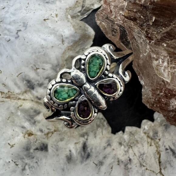 Carolyn Pollack Sterling Silver Turquoise & Amethyst Chip Inlay Butterfly Ring - Picture 1 of 10